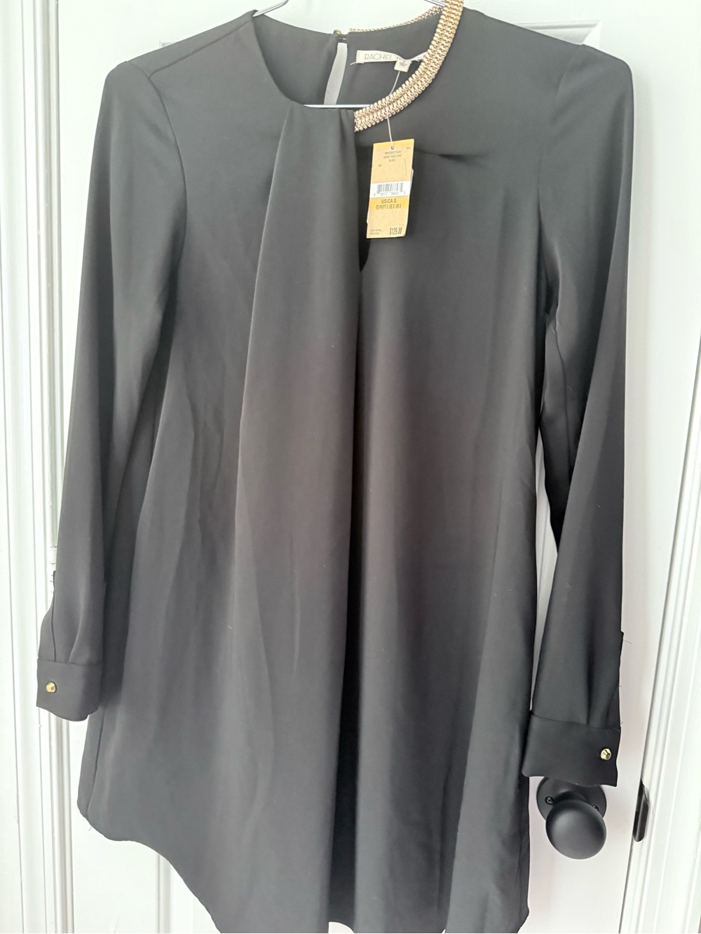 NWT RACHEL Rachel Roy Black Long Sleeve Mini Dress with Gold Neck Detail
